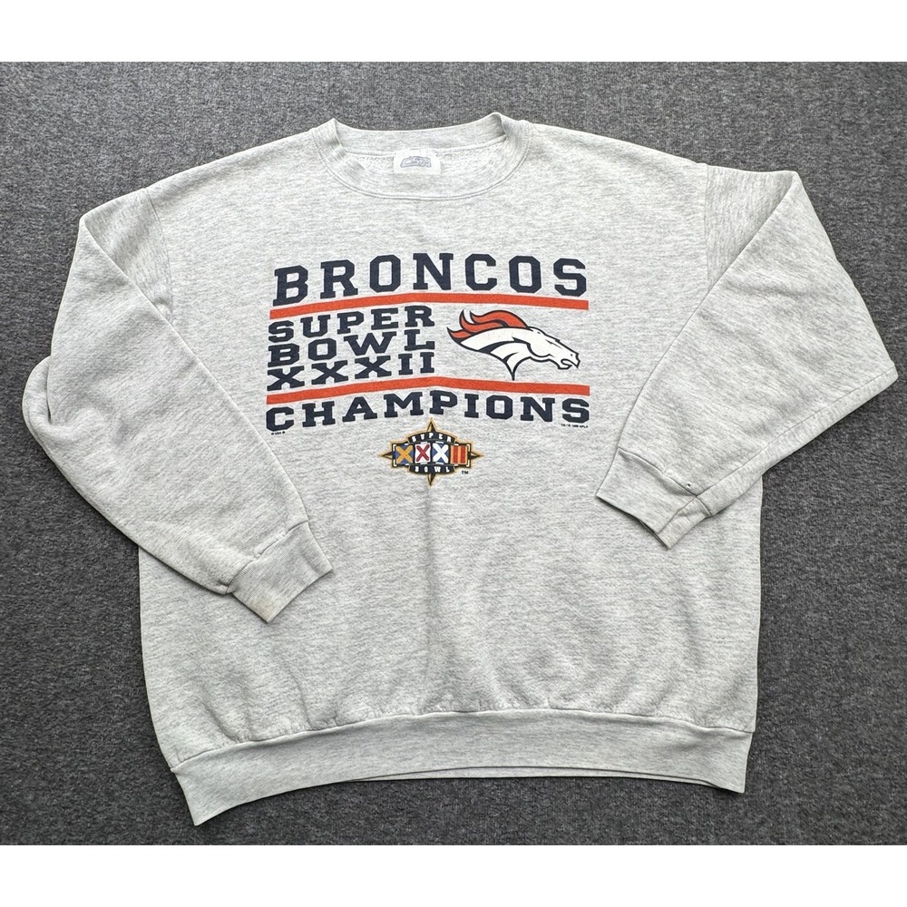 Denver Broncos Sweatshirt Super Bowl XXXII 32 CSA 1996 Gray Size XL Vtg Made USA